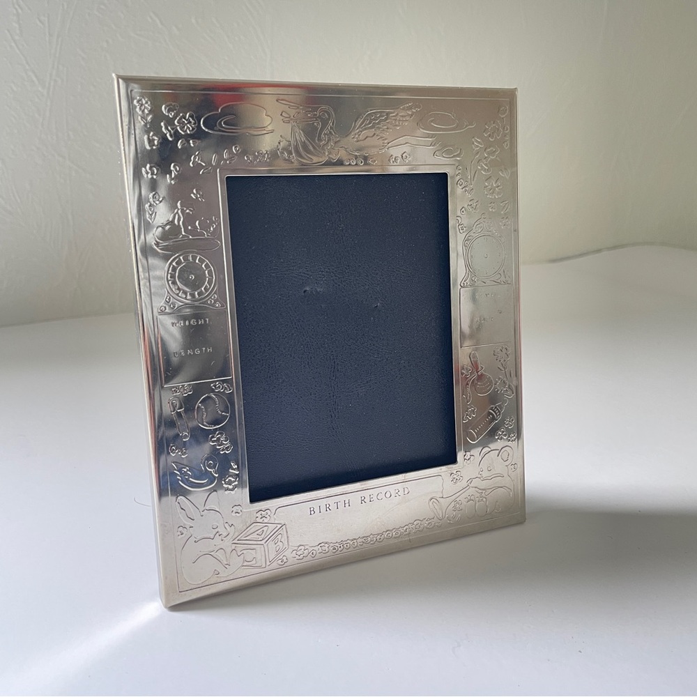 Vintage Silver Plated Birth Record Photo Frame Stork Baby Keepsake 5x7